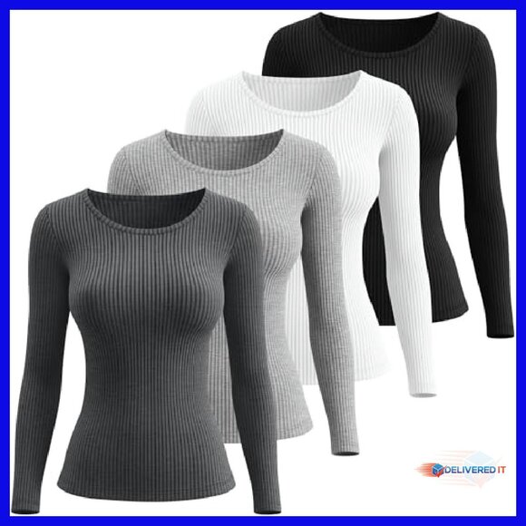 4 Pack Women's Long Sleeve Ribbed Tees Slim Fit Cotton Spandex Tops - Picture 5 of 7